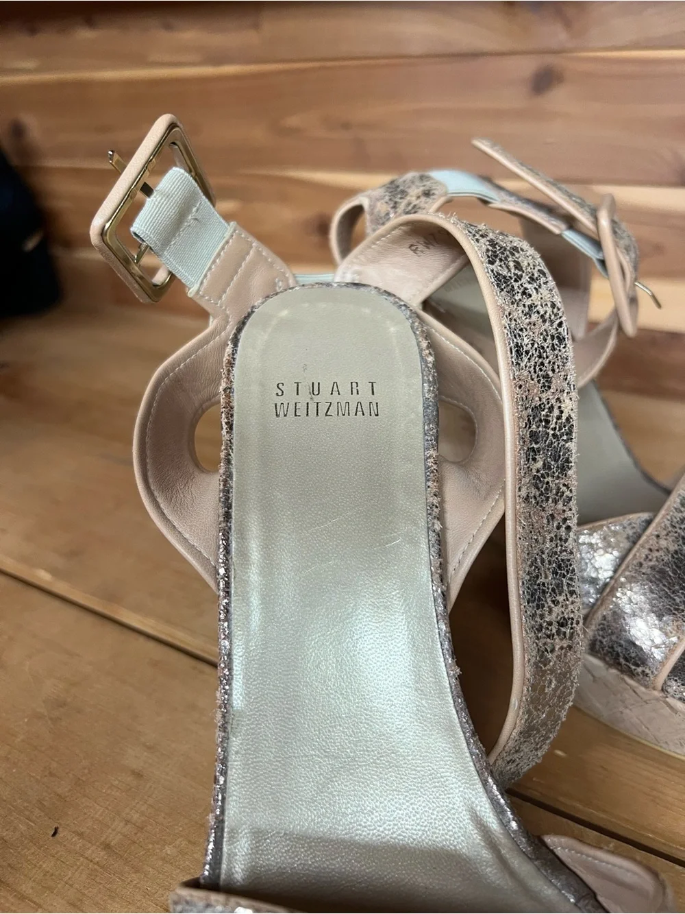 Stuart Weitzman Metallic Silver Crackle Platform Wedge Sandals - Picture 2 of 6